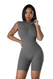 Gray Zipper V Neck Pleated Sports Casual Slim Fit Romper Tracksuit