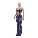 Blue Straps Hollow Out Printed Deep V Neck Printed Mesh Sexy Jumpsuits