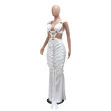 White Hollow Out Bandage Lace Up Elegant Evening Maxi Dress