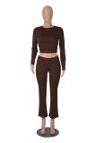 Coffee O Neck Long Sleeve Crop Top Pleated Bodycon Sports Women Pant Sets