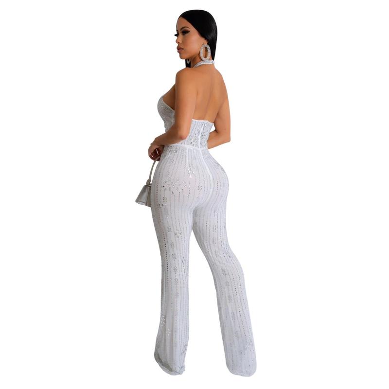 White Halter Neck Deep V Neck Mesh Diamonds Women Wide Leg Jumpsuits