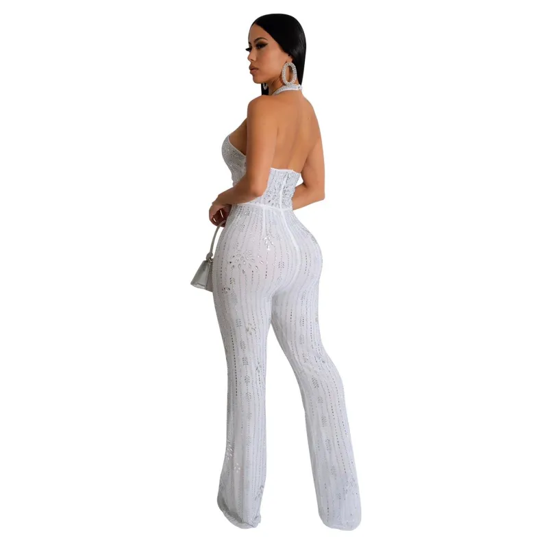White Halter Neck Deep V Neck Mesh Diamonds Women Wide Leg Jumpsuits