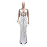 White Hollow Out Bandage Lace Up Elegant Evening Maxi Dress