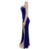 Blue Luxury Rhinestones Women Evening Party Prom Club Long Dress