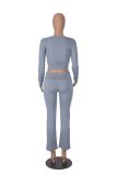 Gray O Neck Long Sleeve Crop Top Pleated Bodycon Sports Women Pant Sets