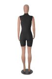 Black Zipper V Neck Pleated Sports Casual Slim Fit Romper Tracksuit