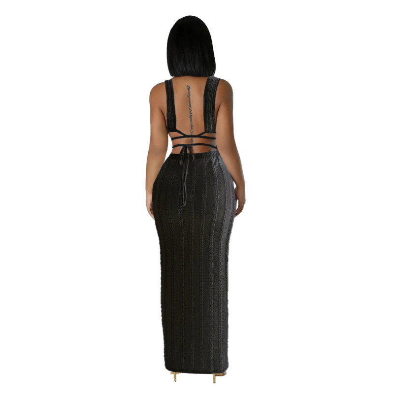Black Sleeveless Lace Ruffles Crop Top Pleated Sexy Club Skirt Midi Dress