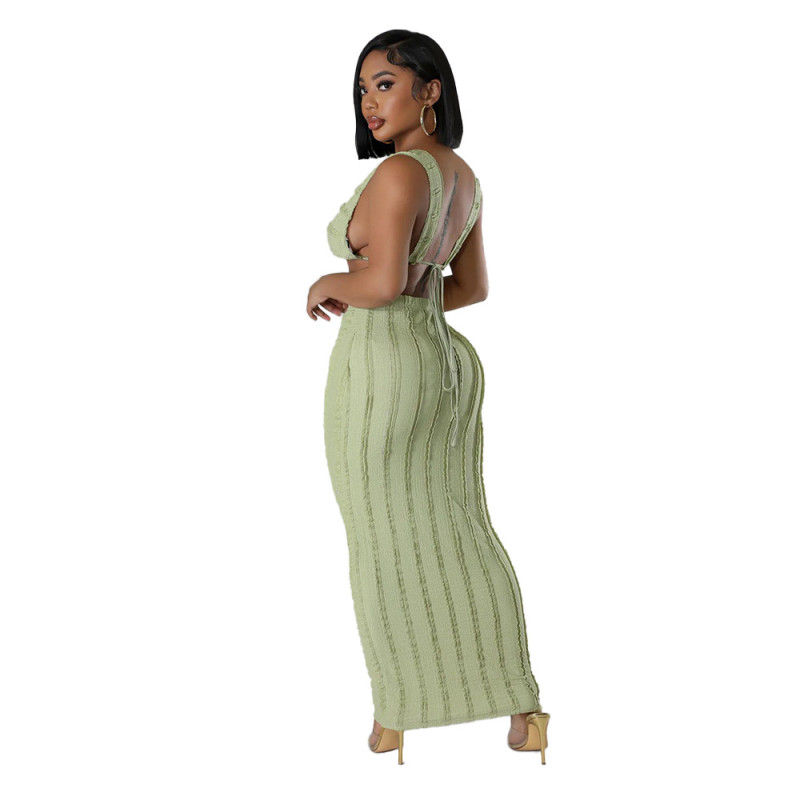 Green Sleeveless Lace Ruffles Crop Top Pleated Sexy Club Skirt Midi Dress