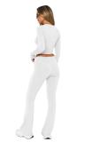 White O Neck Long Sleeve Crop Top Pleated Bodycon Sports Women Pant Sets