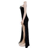 Black Luxury Rhinestones Women Evening Party Prom Club Long Dress