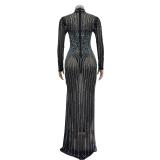 Black Luxury Mesh Rhinestones Women Evening Party Prom Club Long Dress