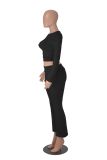 Black O Neck Long Sleeve Crop Top Pleated Bodycon Sports Women Pant Sets