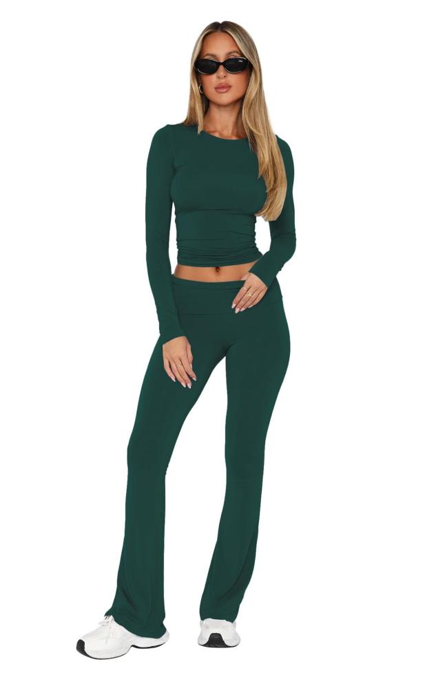 Green O Neck Long Sleeve Crop Top Pleated Bodycon Sports Women Pant Sets