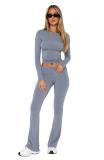 Gray O Neck Long Sleeve Crop Top Pleated Bodycon Sports Women Pant Sets