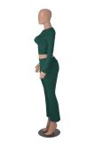 Green O Neck Long Sleeve Crop Top Pleated Bodycon Sports Women Pant Sets