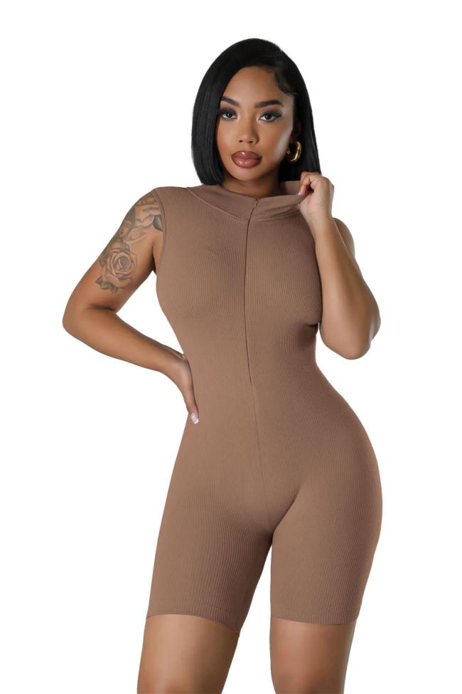Khaki Zipper V Neck Pleated Sports Casual Slim Fit Romper Tracksuit