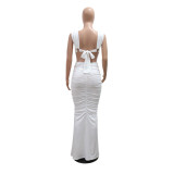 White Hollow Out Bandage Lace Up Elegant Evening Maxi Dress