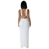 White Sleeveless Lace Ruffles Crop Top Pleated Sexy Club Skirt Midi Dress