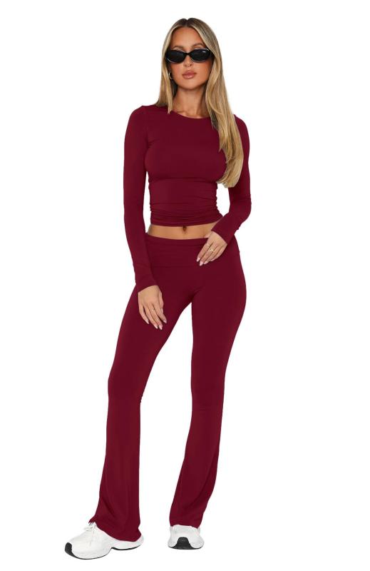 Claret O Neck Long Sleeve Crop Top Pleated Bodycon Sports Women Pant Sets