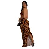 Black Deep V Neck Halter Neck Printed Leopard Sexy Club Midi Dress