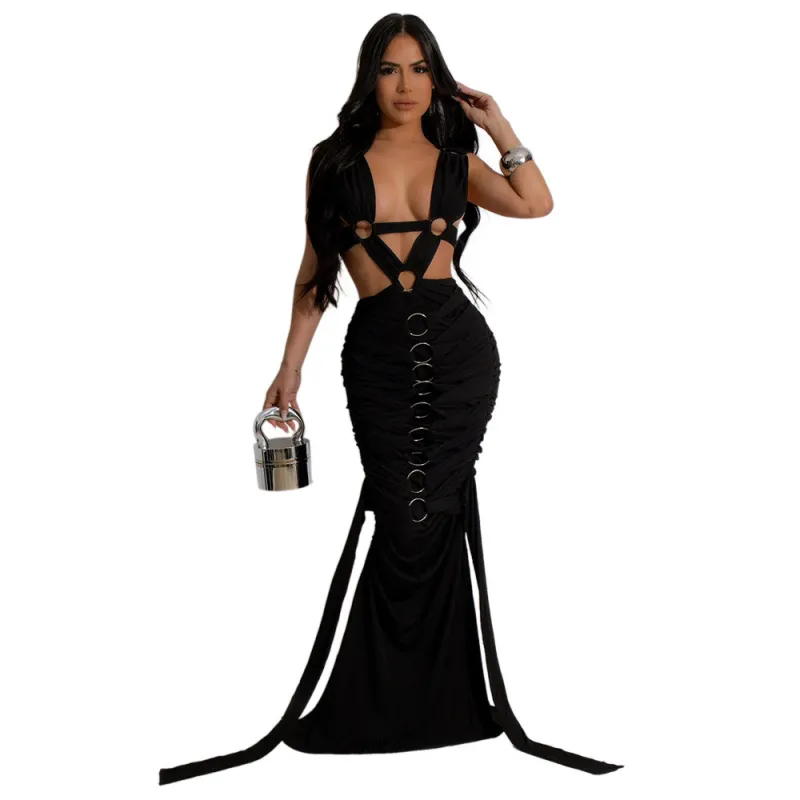Black Hollow Out Bandage Lace Up Elegant Evening Maxi Dress