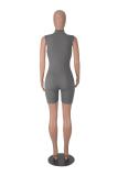 Gray Zipper V Neck Pleated Sports Casual Slim Fit Romper Tracksuit