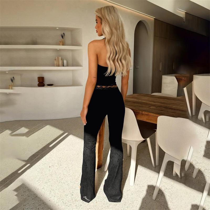 Black Lace Sleeveless V Neck Crop Top Wide Leg Sexy Women Pant Sets