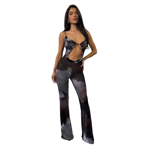 Black Straps Hollow Out Printed Deep V Neck Printed Mesh Sexy Jumpsuits