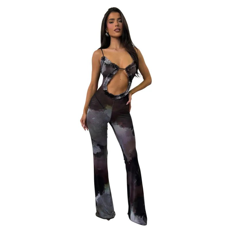 Black Straps Hollow Out Printed Deep V Neck Printed Mesh Sexy Jumpsuits
