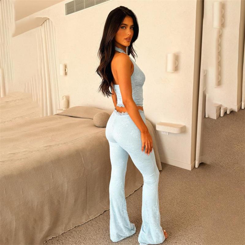 Sky Blue Lace Sleeveless V Neck Crop Top Wide Leg Sexy Women Pant Sets