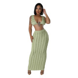 Green Sleeveless Lace Ruffles Crop Top Pleated Sexy Club Skirt Midi Dress