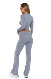 Gray O Neck Long Sleeve Crop Top Pleated Bodycon Sports Women Pant Sets