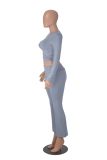 Gray O Neck Long Sleeve Crop Top Pleated Bodycon Sports Women Pant Sets
