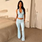 Sky Blue Lace Sleeveless V Neck Crop Top Wide Leg Sexy Women Pant Sets