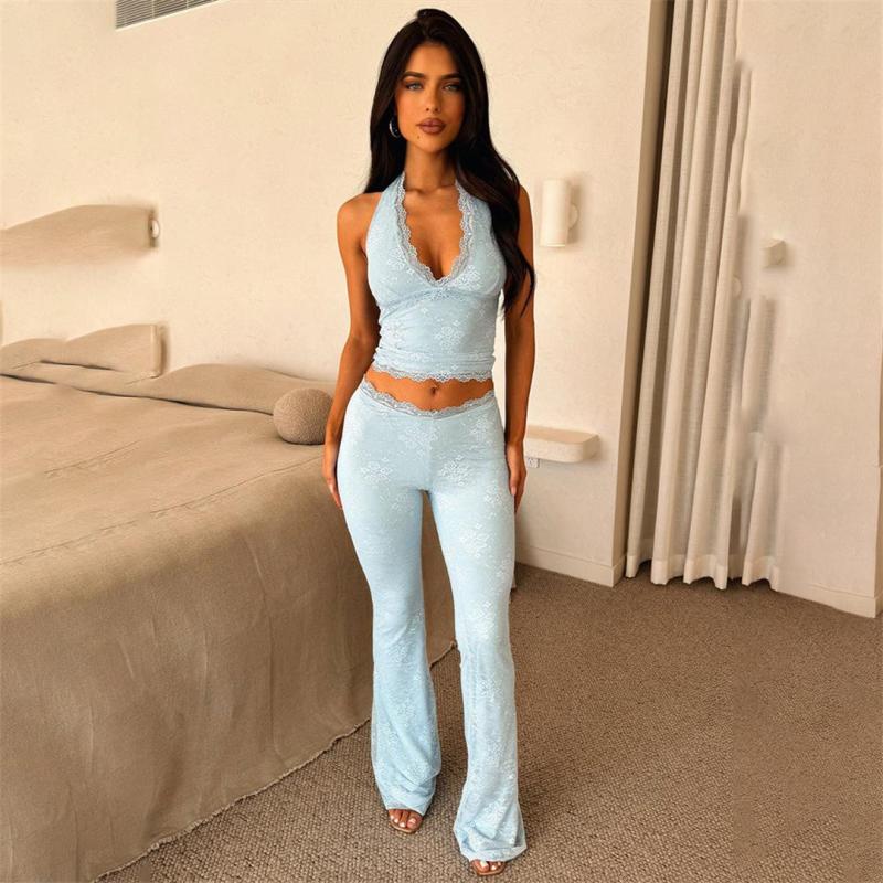 Sky Blue Lace Sleeveless V Neck Crop Top Wide Leg Sexy Women Pant Sets