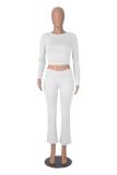 White O Neck Long Sleeve Crop Top Pleated Bodycon Sports Women Pant Sets