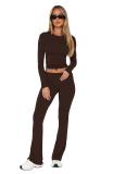 Coffee O Neck Long Sleeve Crop Top Pleated Bodycon Sports Women Pant Sets