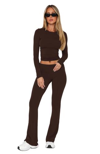 Coffee O Neck Long Sleeve Crop Top Pleated Bodycon Sports Women Pant Sets