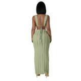 Green Sleeveless Lace Ruffles Crop Top Pleated Sexy Club Skirt Midi Dress