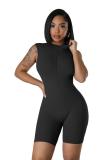 Black Zipper V Neck Pleated Sports Casual Slim Fit Romper Tracksuit