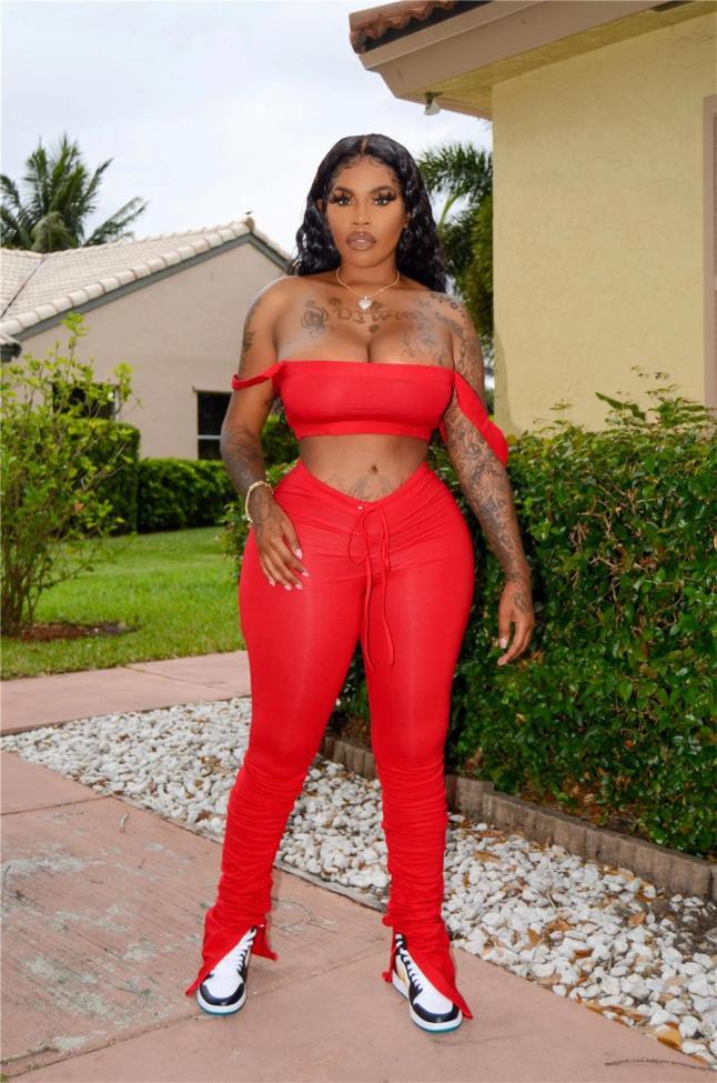 Red Off Shoulder Straps Crop Top Sexy Pleated Sports Sexy Pant Sets Jumpsuit