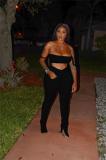 Black Off Shoulder Straps Crop Top Sexy Pleated Sports Sexy Pant Sets Jumpsuit