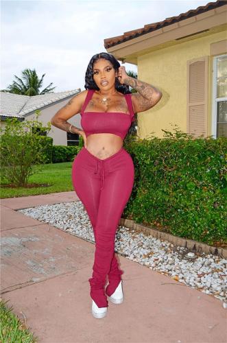 Claret Off Shoulder Straps Crop Top Sexy Pleated Sports Sexy Pant Sets Jumpsuit