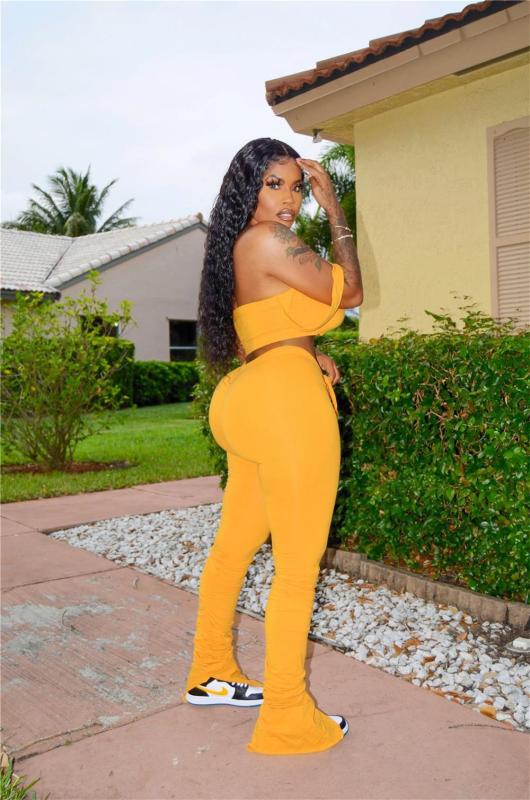 Yellow Off Shoulder Straps Crop Top Sexy Pleated Sports Sexy Pant Sets Jumpsuit