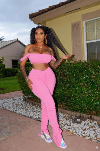Pink Off Shoulder Straps Crop Top Sexy Pleated Sports Sexy Pant Sets Jumpsuit