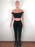 Black Off Shoulder Straps Crop Top Sexy Pleated Sports Sexy Pant Sets Jumpsuit