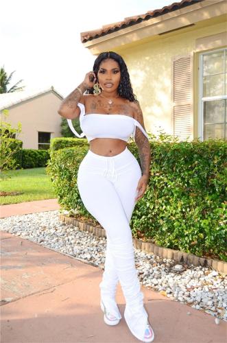 White Off Shoulder Straps Crop Top Sexy Pleated Sports Sexy Pant Sets Jumpsuit