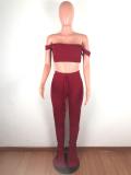 Claret Off Shoulder Straps Crop Top Sexy Pleated Sports Sexy Pant Sets Jumpsuit