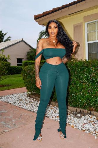 Green Off Shoulder Straps Crop Top Sexy Pleated Sports Sexy Pant Sets Jumpsuit