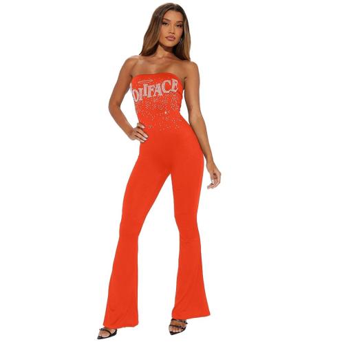 Orange Off Shoulder Diamonds Sexy Bodycon Women Jumpsuit Dress